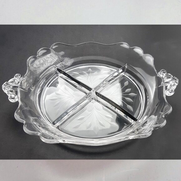 W.J. Hughes CORNFLOWER Glass Handled Divided Large Bowl Lancaster Etched VTG - Picture 1 of 12